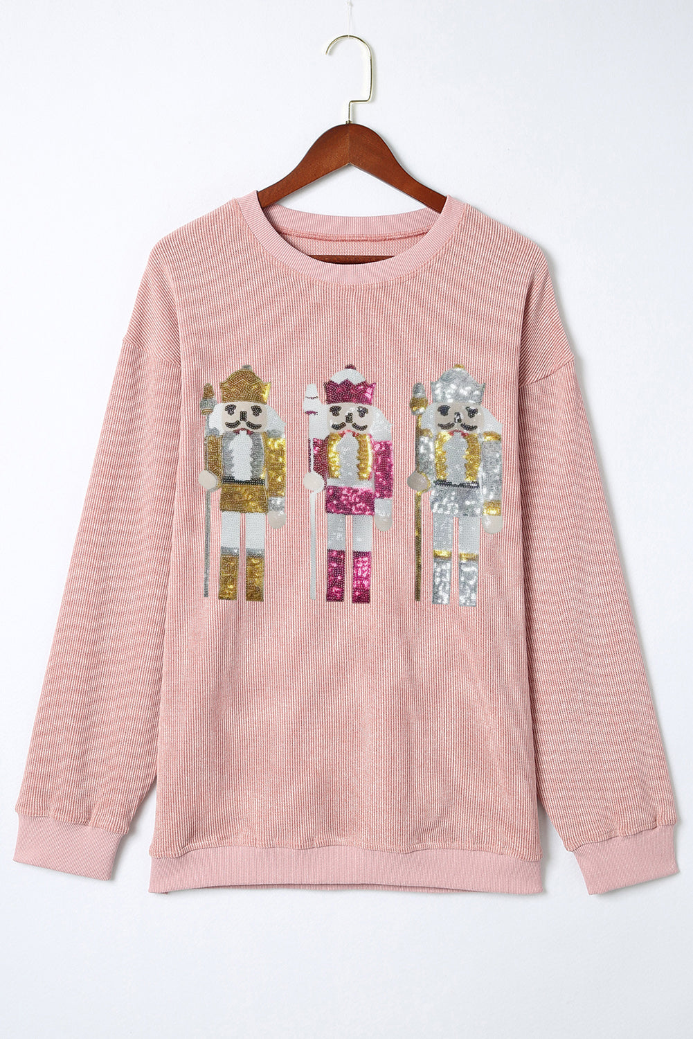 Pink Christmas Nutcracker Pattern Ribbed Oversized Sweatshirt Graphic Sweatshirts JT's Designer Fashion