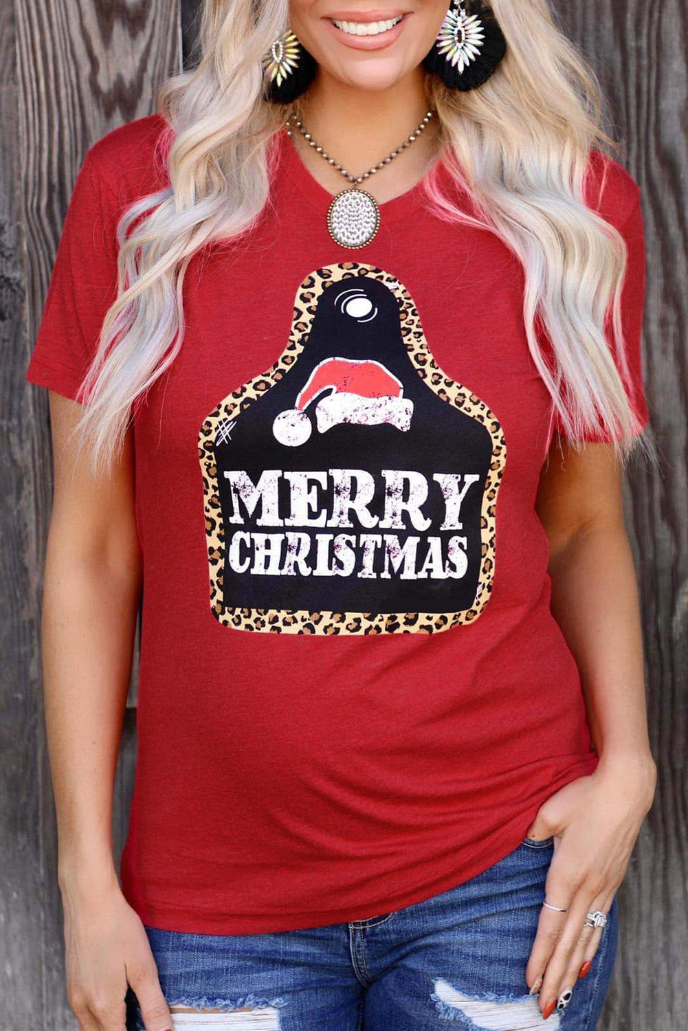 Fiery Red MERRY CHRISTMAS Leopard Frame Graphic Tee Graphic Tees JT's Designer Fashion