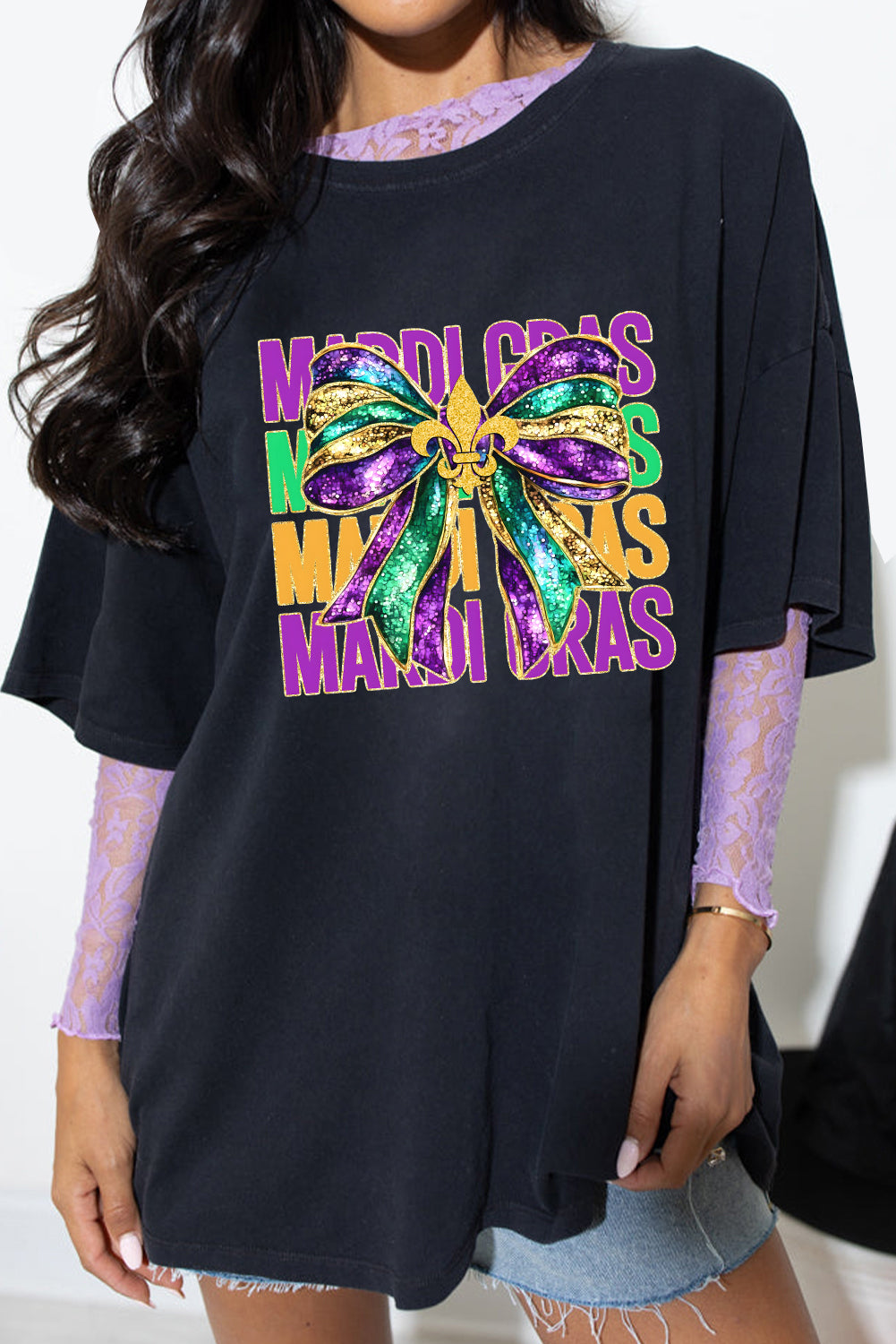 Black MARDI GRAS Fleur de Lis Bowknot Printed Crewneck Tee Graphic Tees JT's Designer Fashion