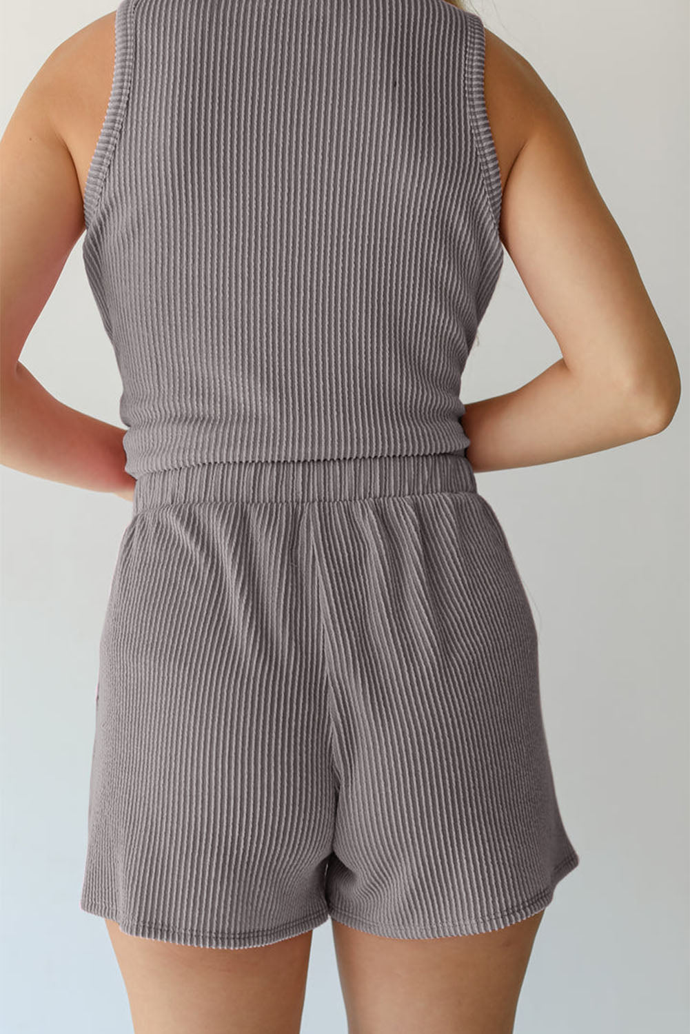 Medium Grey Corded Sleeveless Top and Pocketed Shorts Set Bottoms JT's Designer Fashion