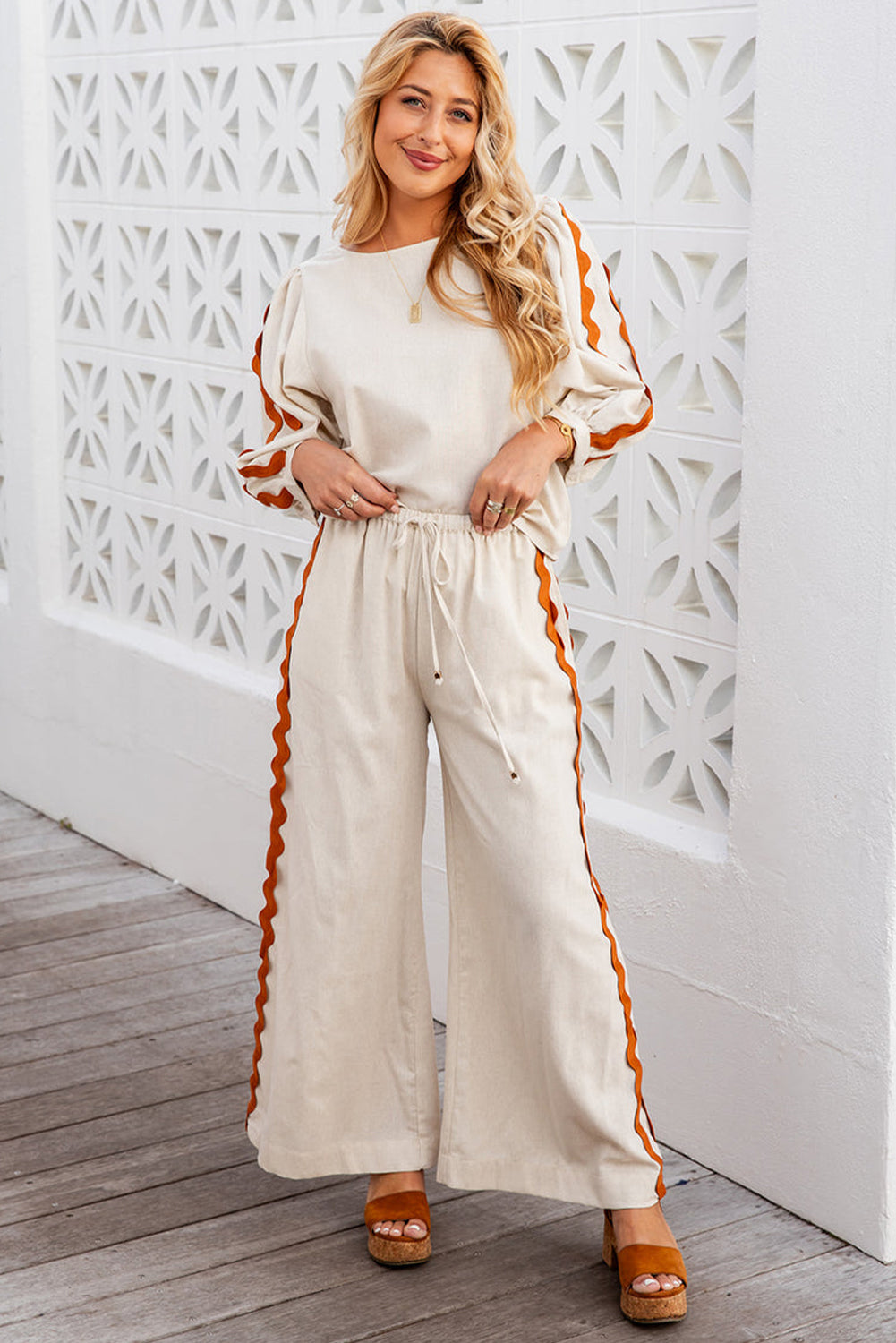 White Colorblock Ric Rac Trim Sleeve Top and Wide Leg Pants Set Pant Sets JT's Designer Fashion