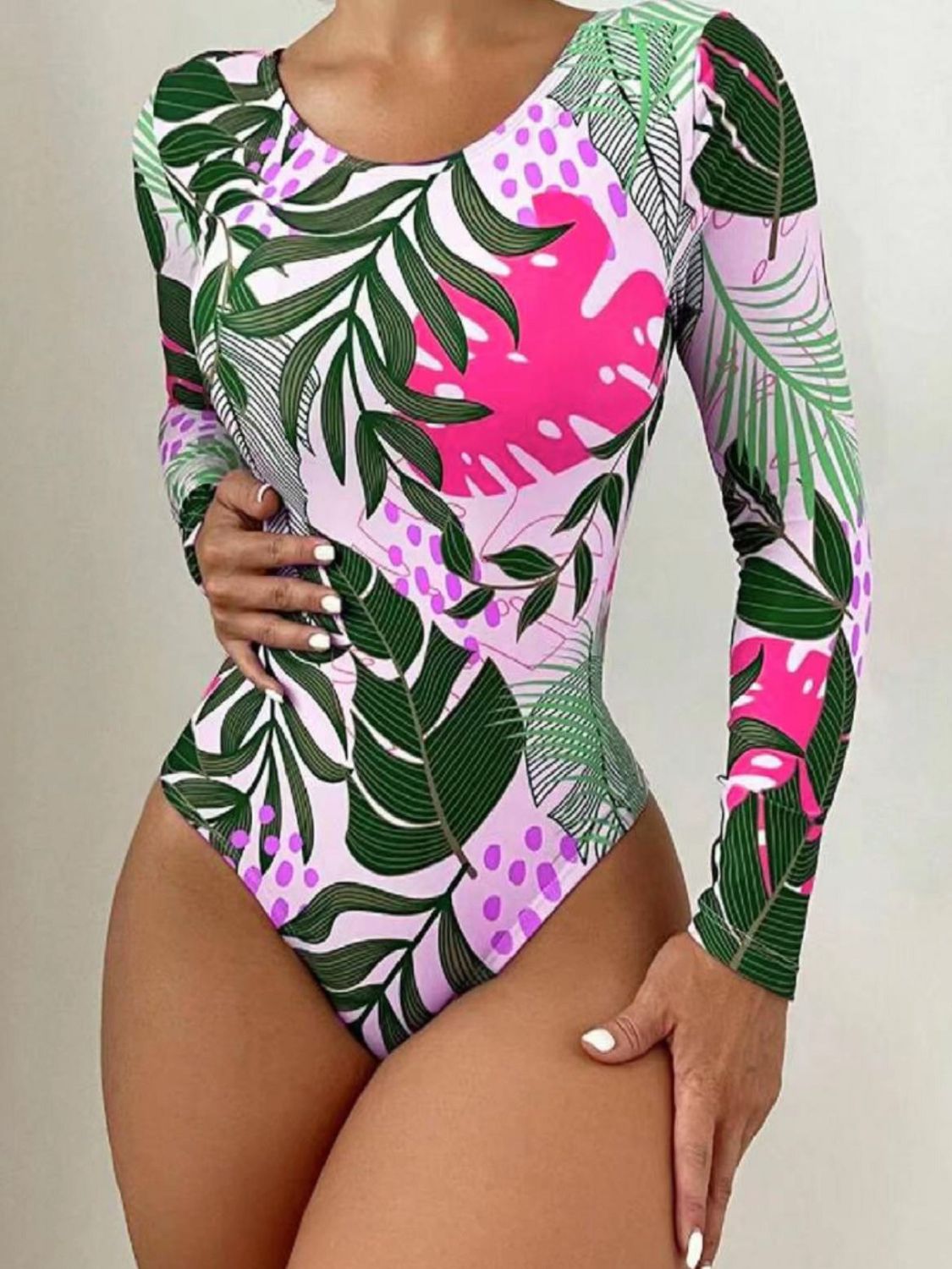 Crisscross Round Neck Long Sleeve Swimwear Hot Pink Rash Guards JT's Designer Fashion