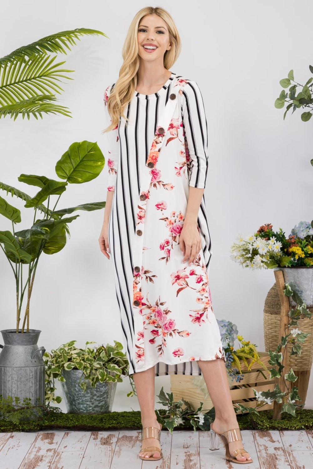 Floral Striped Contrast Midi-Dress with Pockets Midi Dresses JT's Designer Fashion