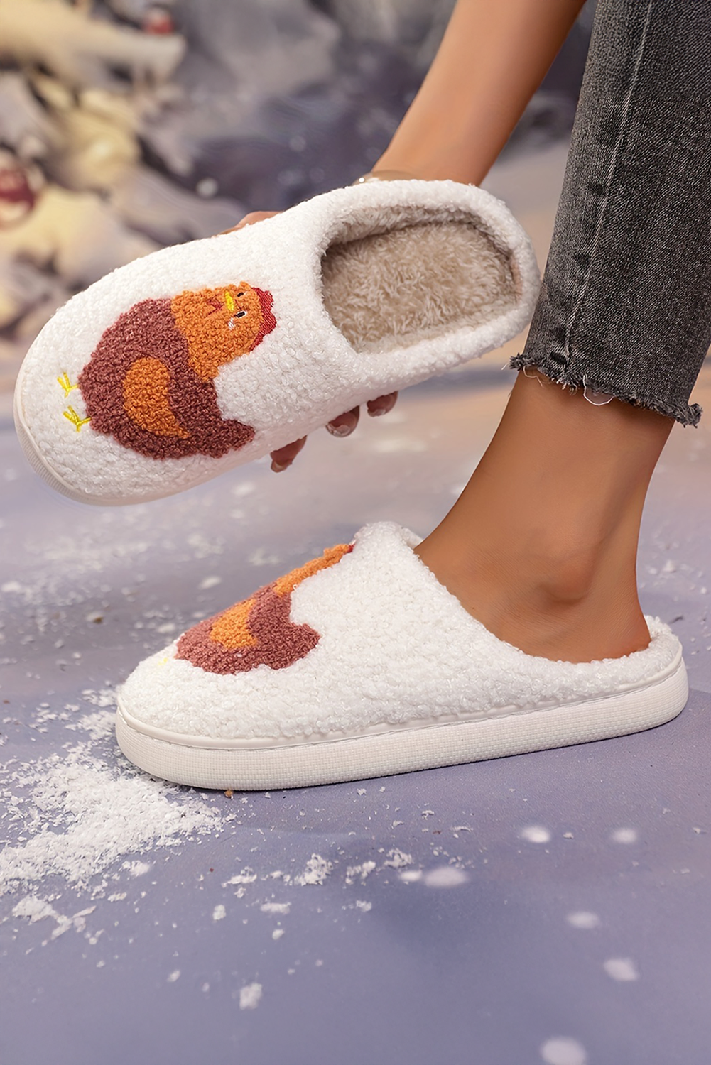 White Chicken Pattern Non-Slip Plush Warm Slippers Slippers JT's Designer Fashion