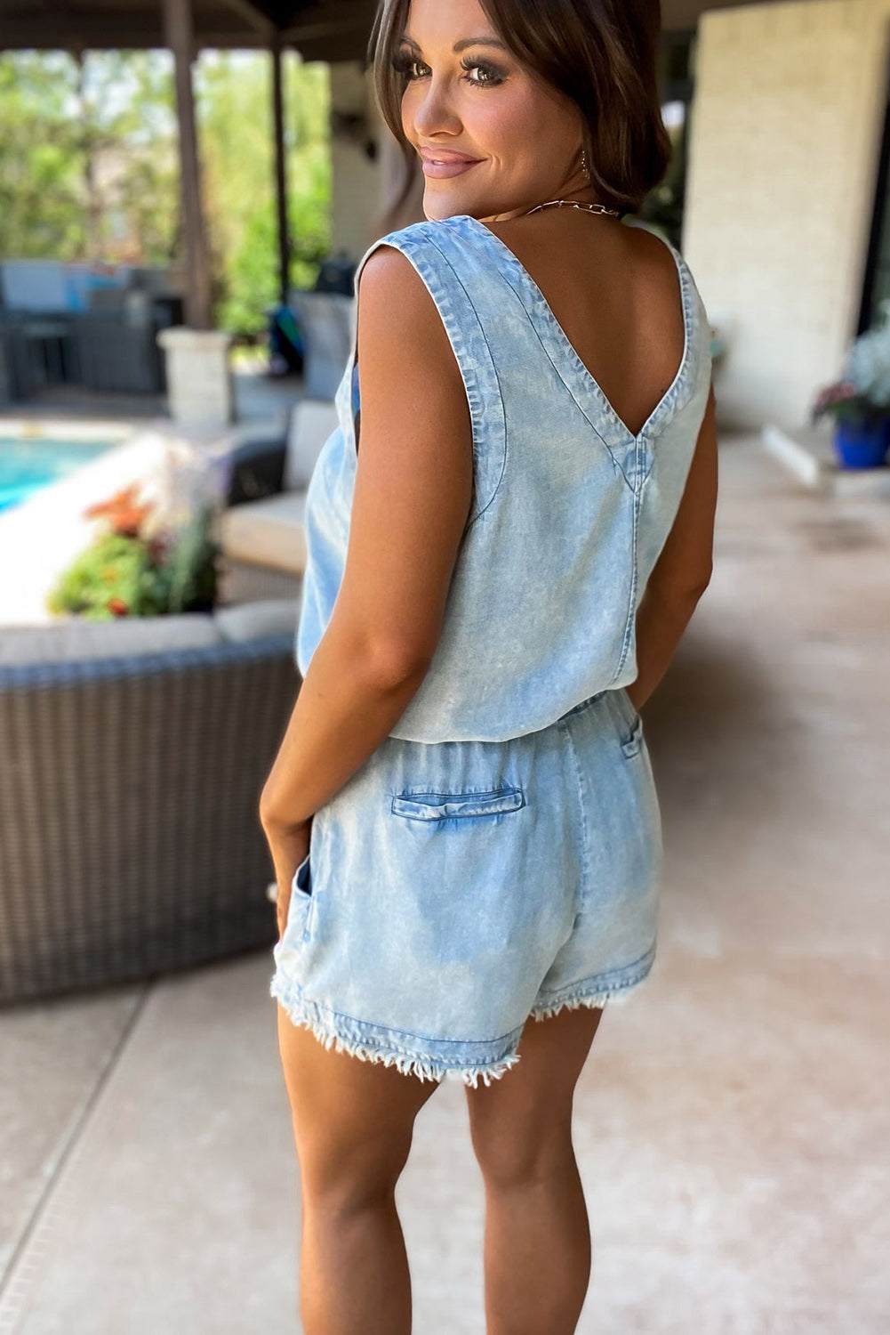 Beau Blue Stud V Neck Sleeveless Raw Hem Denim Romper Pre Order Bottoms JT's Designer Fashion