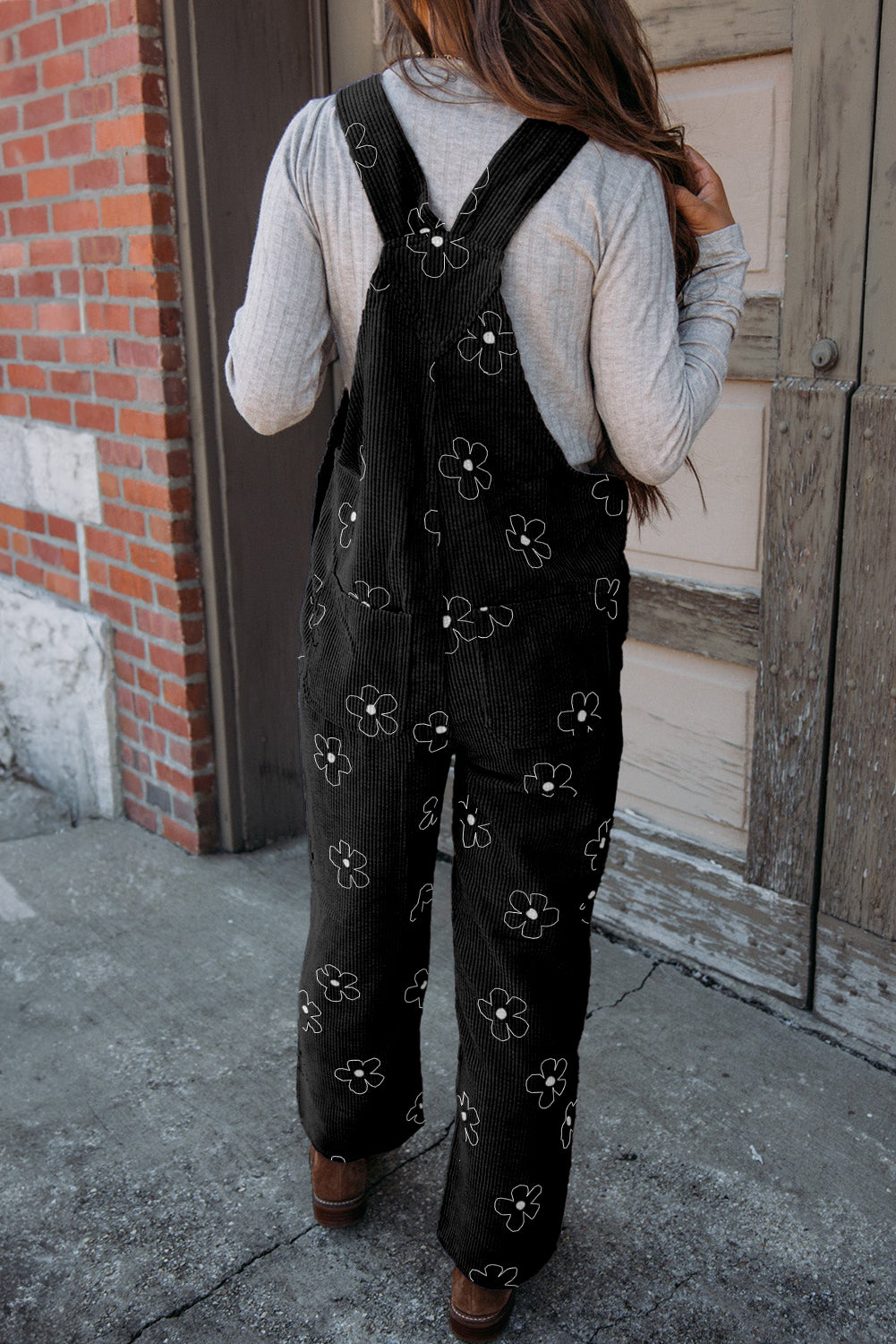 Black Flower Print Corduroy Overalls Bottoms JT's Designer Fashion