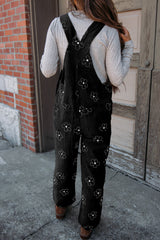 Black Flower Print Corduroy Overalls Bottoms JT's Designer Fashion
