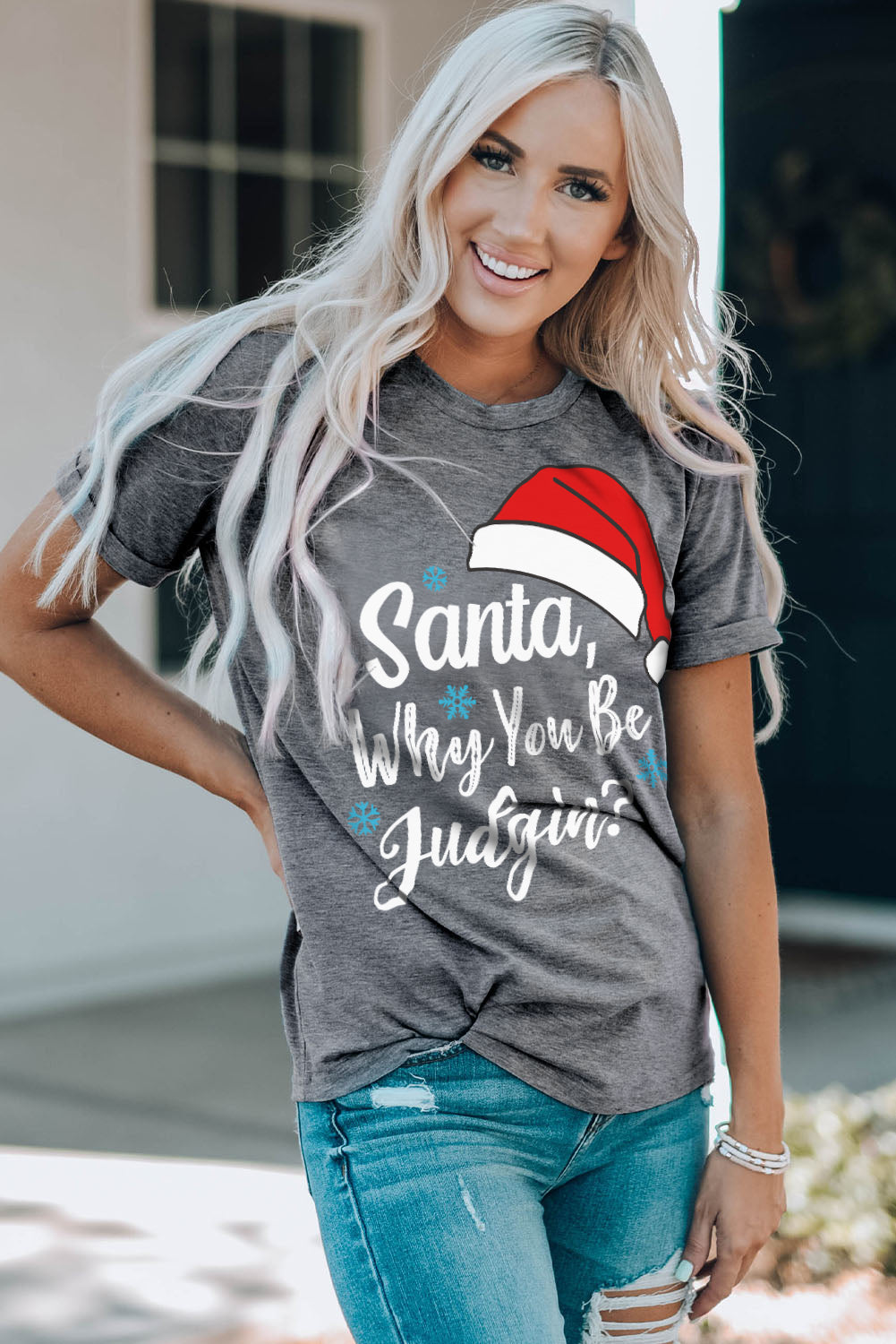 Gray Christmas Santa Hat Snowflake Slogan Graphic Tee Graphic Tees JT's Designer Fashion