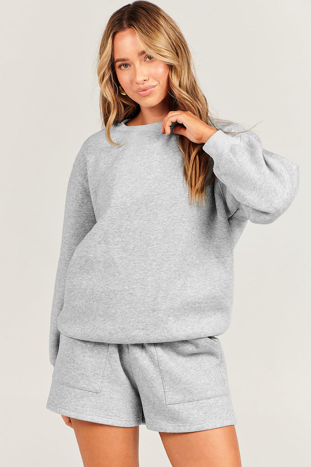 Light Grey Solid Pullover Sweatshirt and Shorts 2 Piece Set Short Sets JT's Designer Fashion