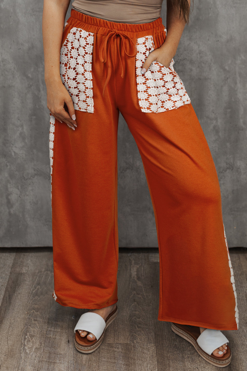 Gold Flame Plus Size Floral Crochet Patch Drawstring Wide Leg Pants Gold Flame 85%Polyester+10%Cotton+5%Elastane Plus Size Bottoms JT's Designer Fashion