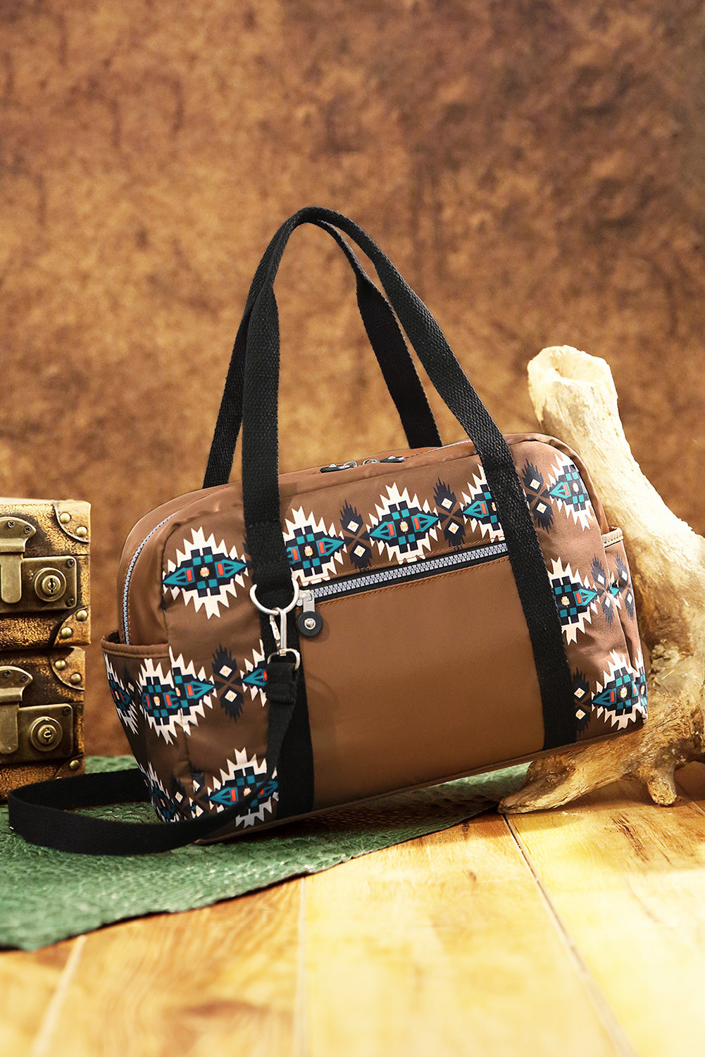 Coffee Western Aztec Print PU Leather Large Travel Duffel Bag Handbags JT's Designer Fashion