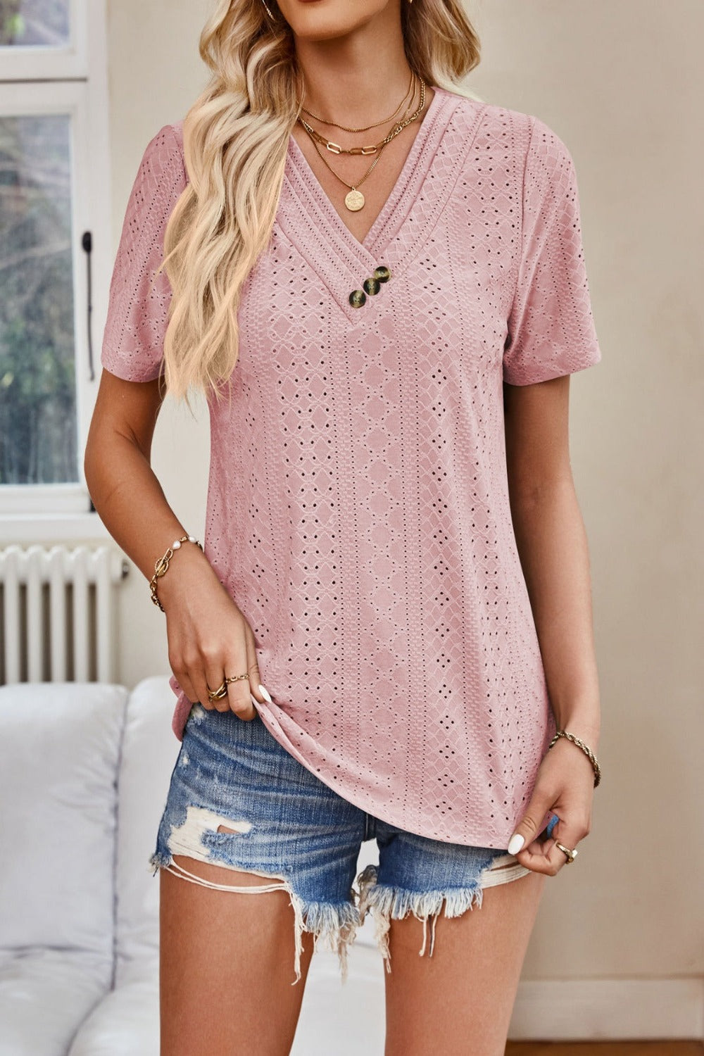 Eyelet V-Neck Short Sleeve Top Blush Pink Tops JT's Designer Fashion