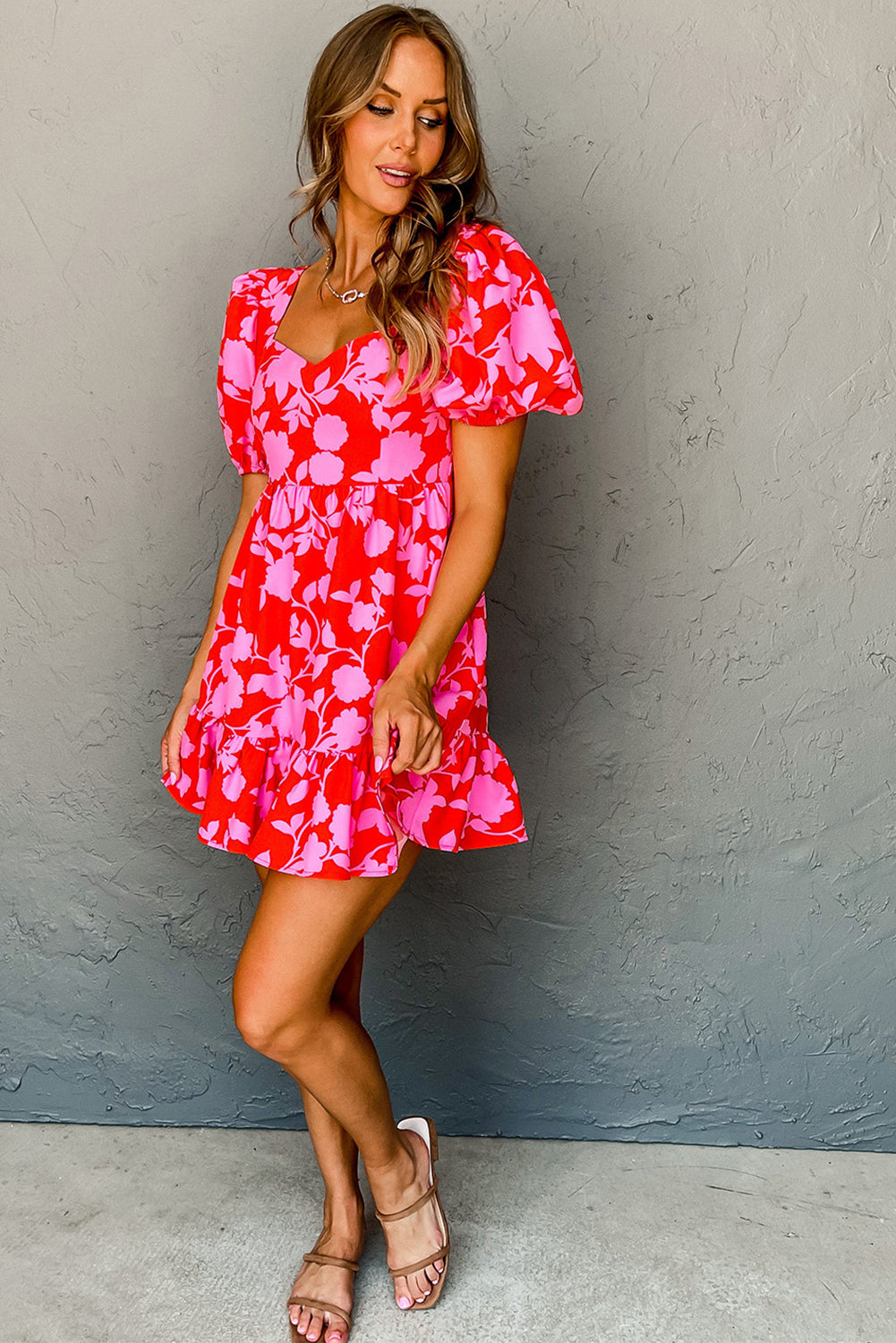 Red Floral Bubble Sleeve Sweetheart Neck Ruffled Mini Dress Floral Dresses JT's Designer Fashion