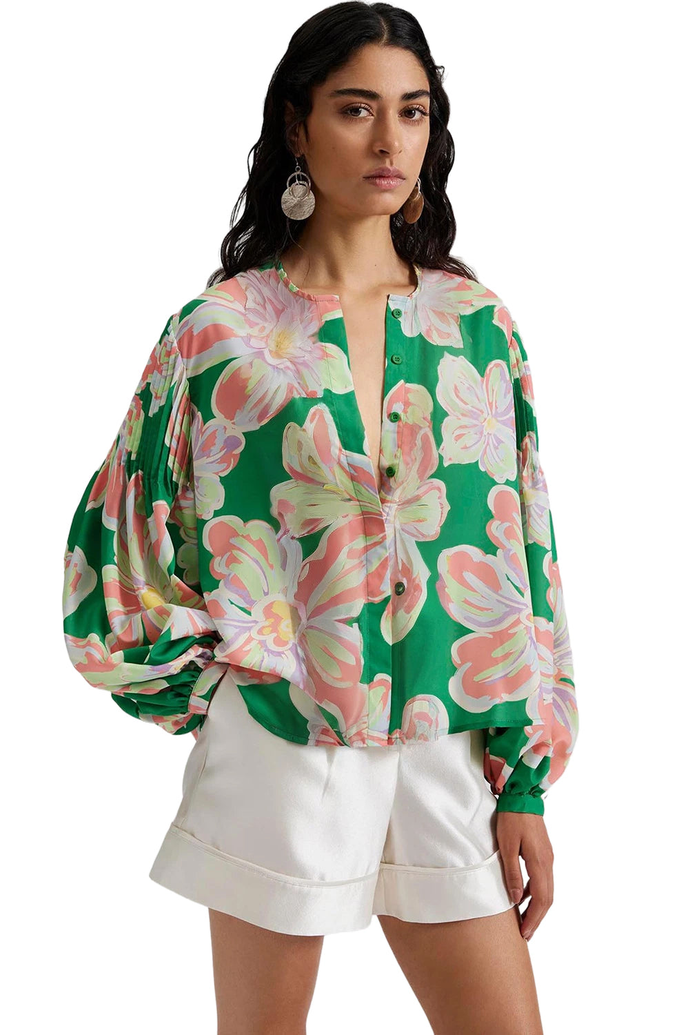 Green Floral Print Button up Pleated Puff Sleeve Loose Shirt Blouses & Shirts JT's Designer Fashion