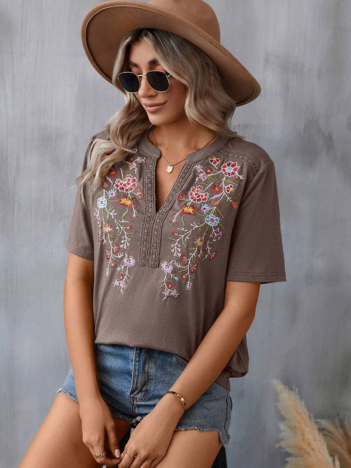 Embroidered Notched Short Sleeve T-Shirt Blouses & Shirts JT's Designer Fashion