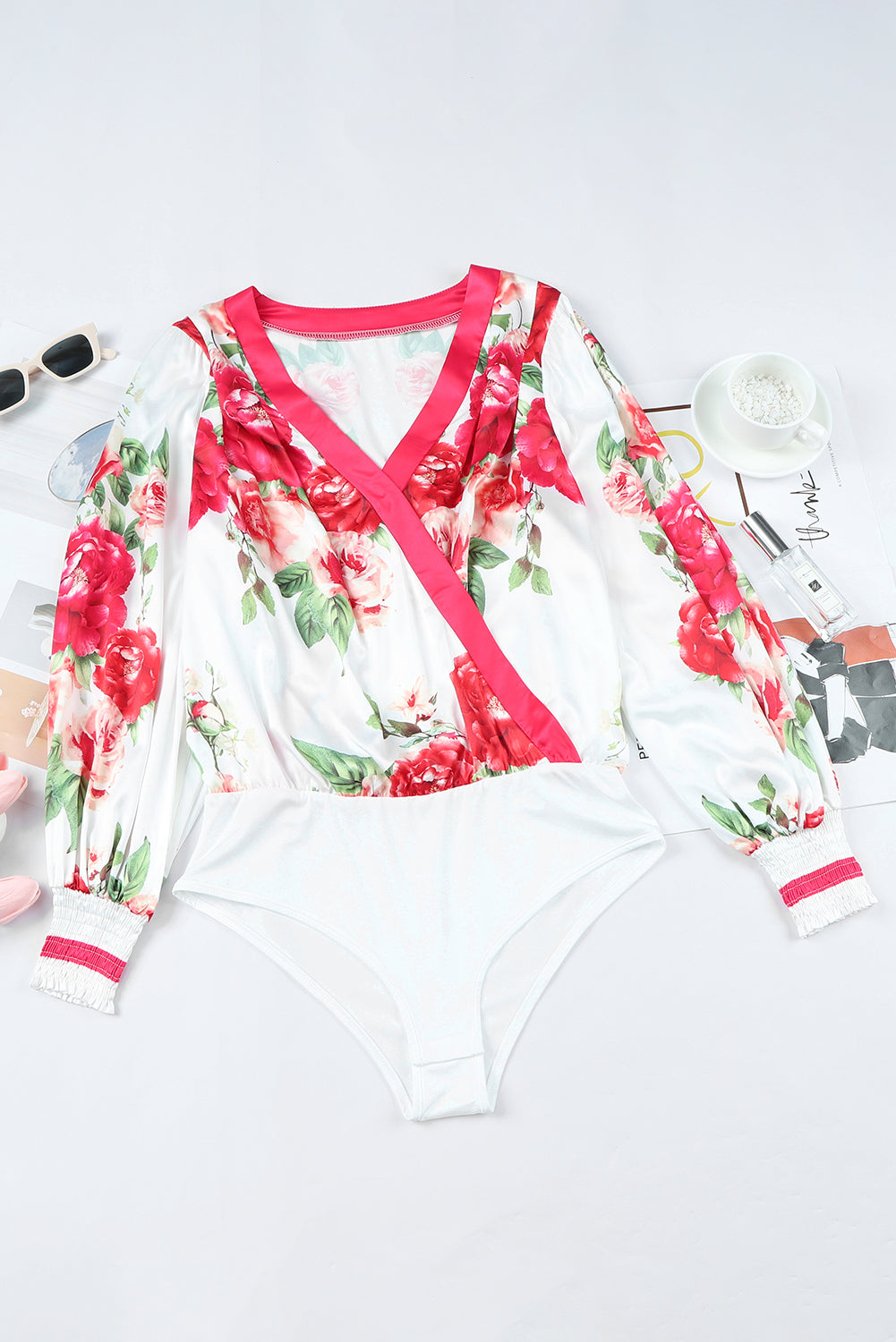 Rose Floral Print V Neck Wrap Bodysuit Bodysuits JT's Designer Fashion