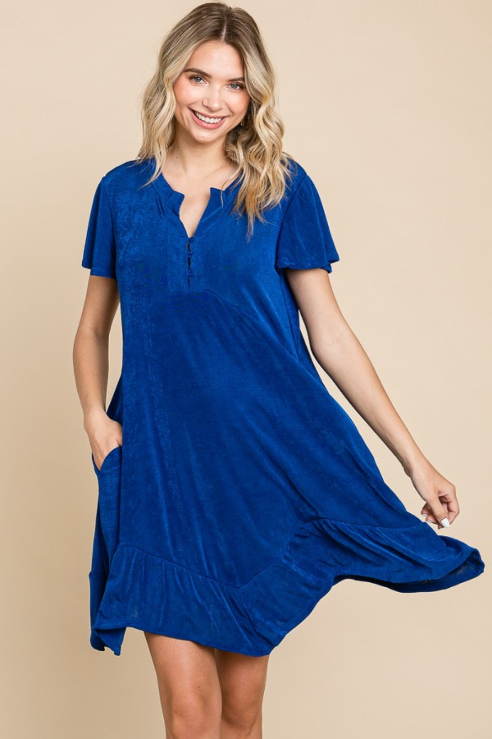 Culture Code Full Size Short Sleeve Ruffled Asymmetric Hem Dress Royal Mini Dresses JT's Designer Fashion