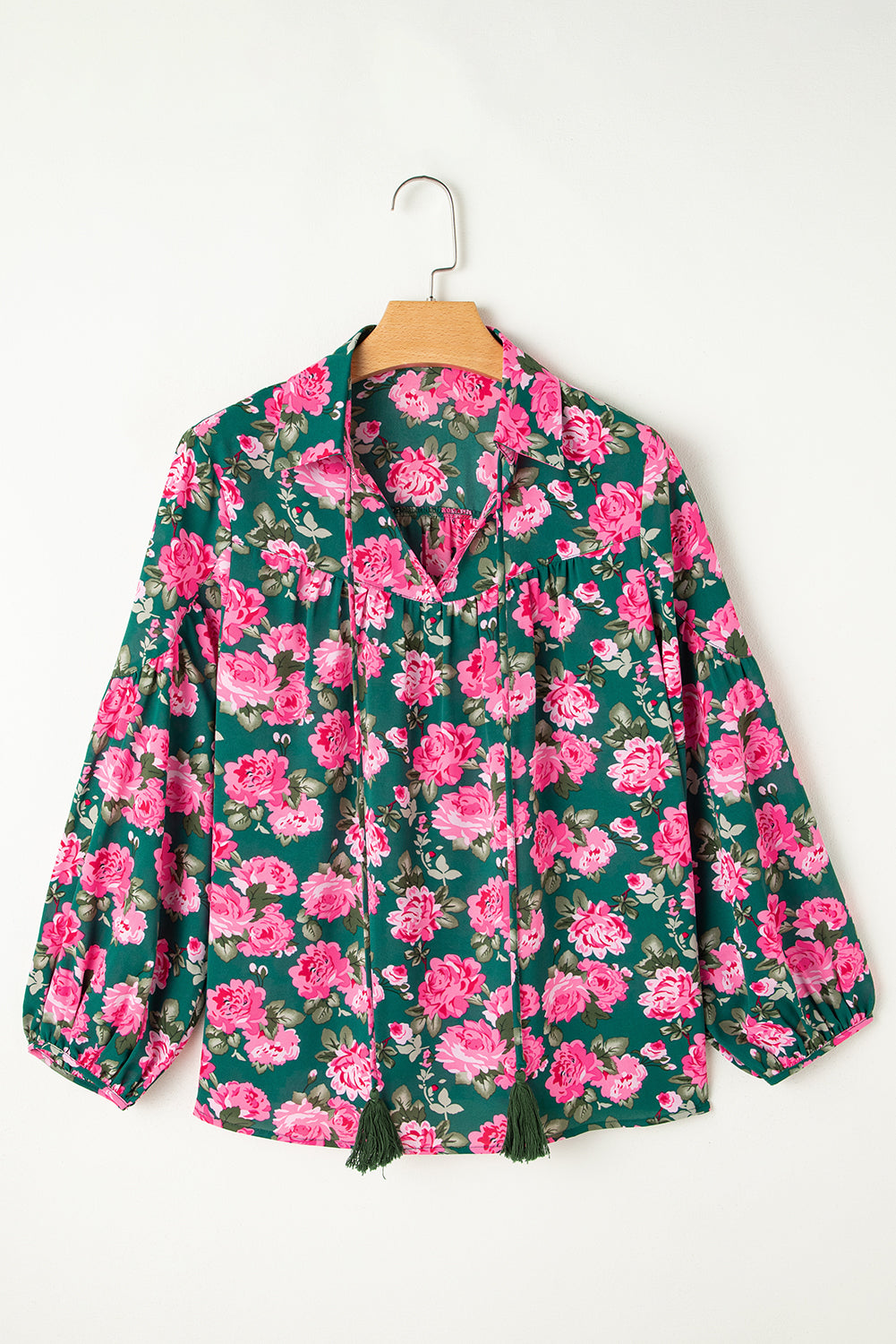 Green Floral Printed Tied Collar Puff Sleeve Blouse Blouses & Shirts JT's Designer Fashion