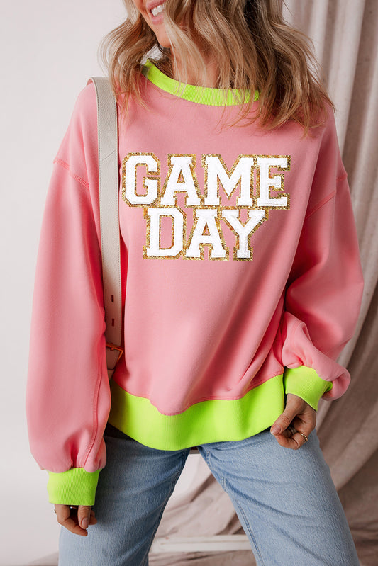 Pink GAME DAY Glitter Color Block Crew Neck Sweatshirt Pink 50%Polyester+50%Cotton Graphic Sweatshirts JT's Designer Fashion