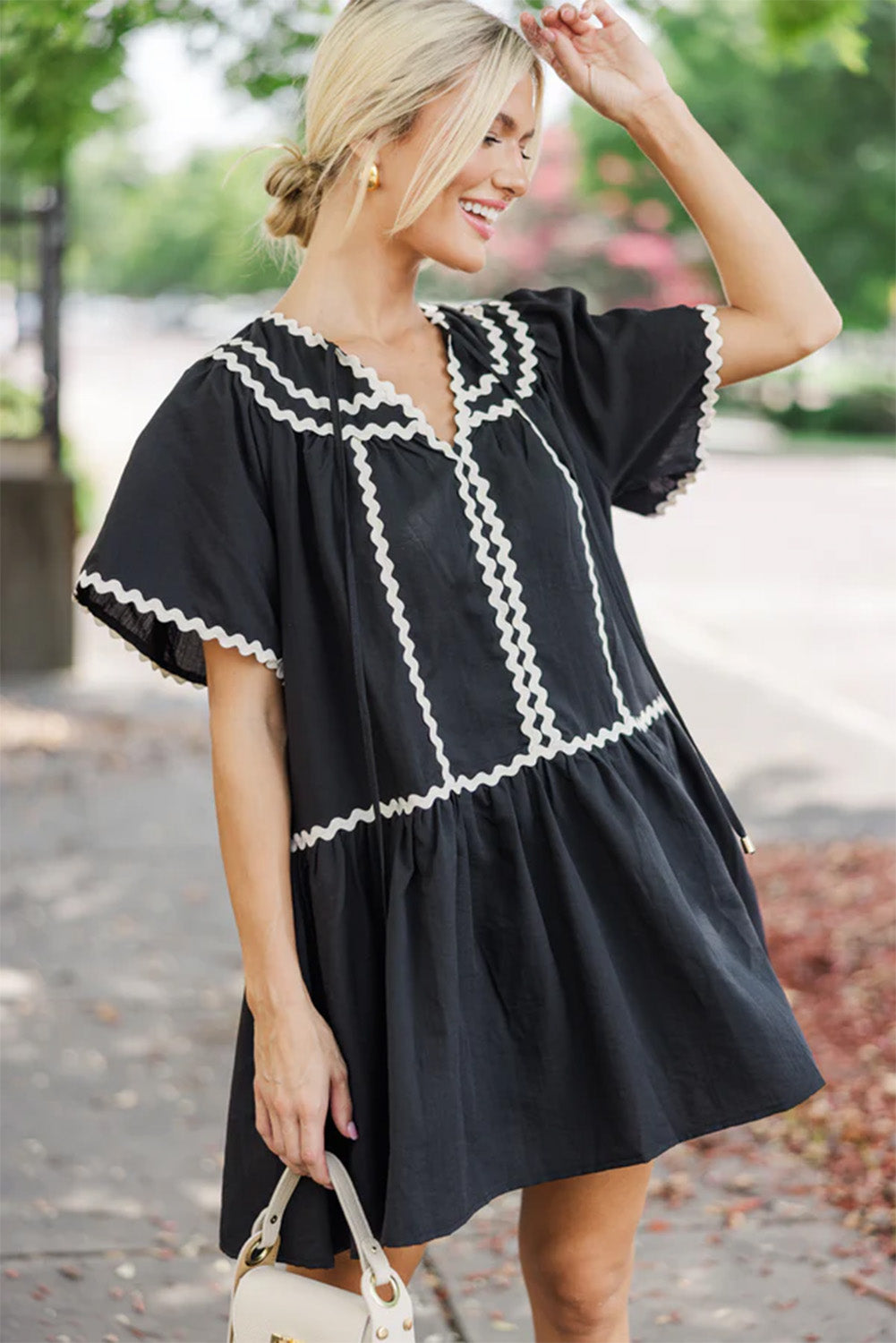 Black Contrast Ricrac Trim Short Sleeve V Neck Loose Mini Dress Mini Dresses JT's Designer Fashion