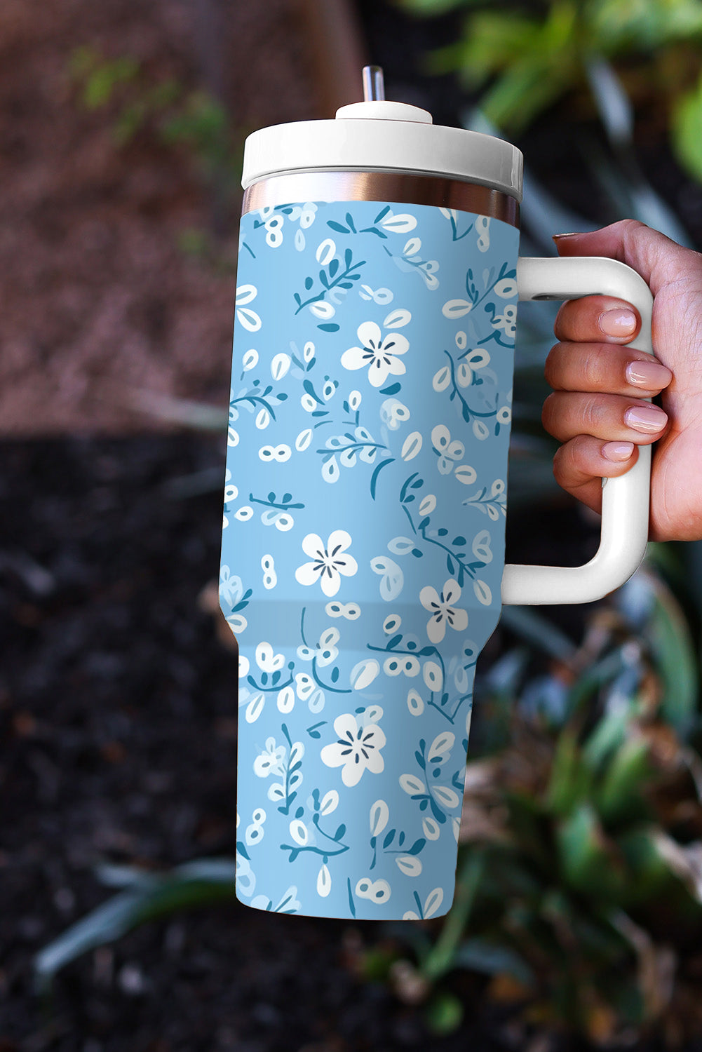 Light Blue Floral Print Stainless Steel Vacuum Cup 40oz Tumblers JT's Designer Fashion