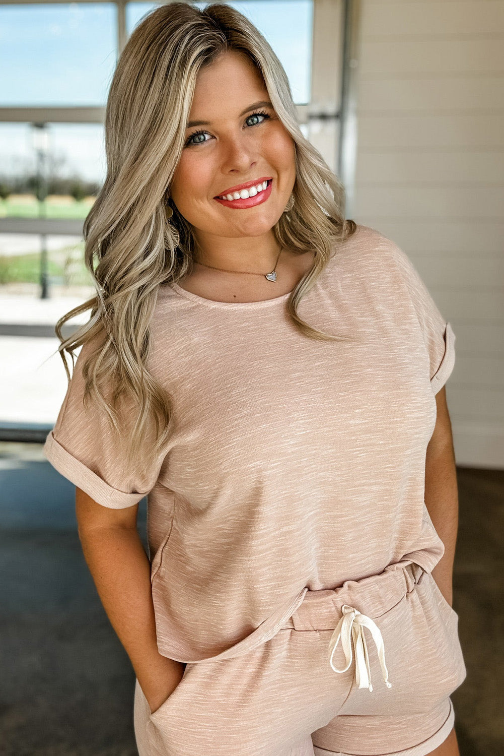 Light French Beige Plus Size Folded Sleeve Tee and Drawstring Shorts Plus Size JT's Designer Fashion