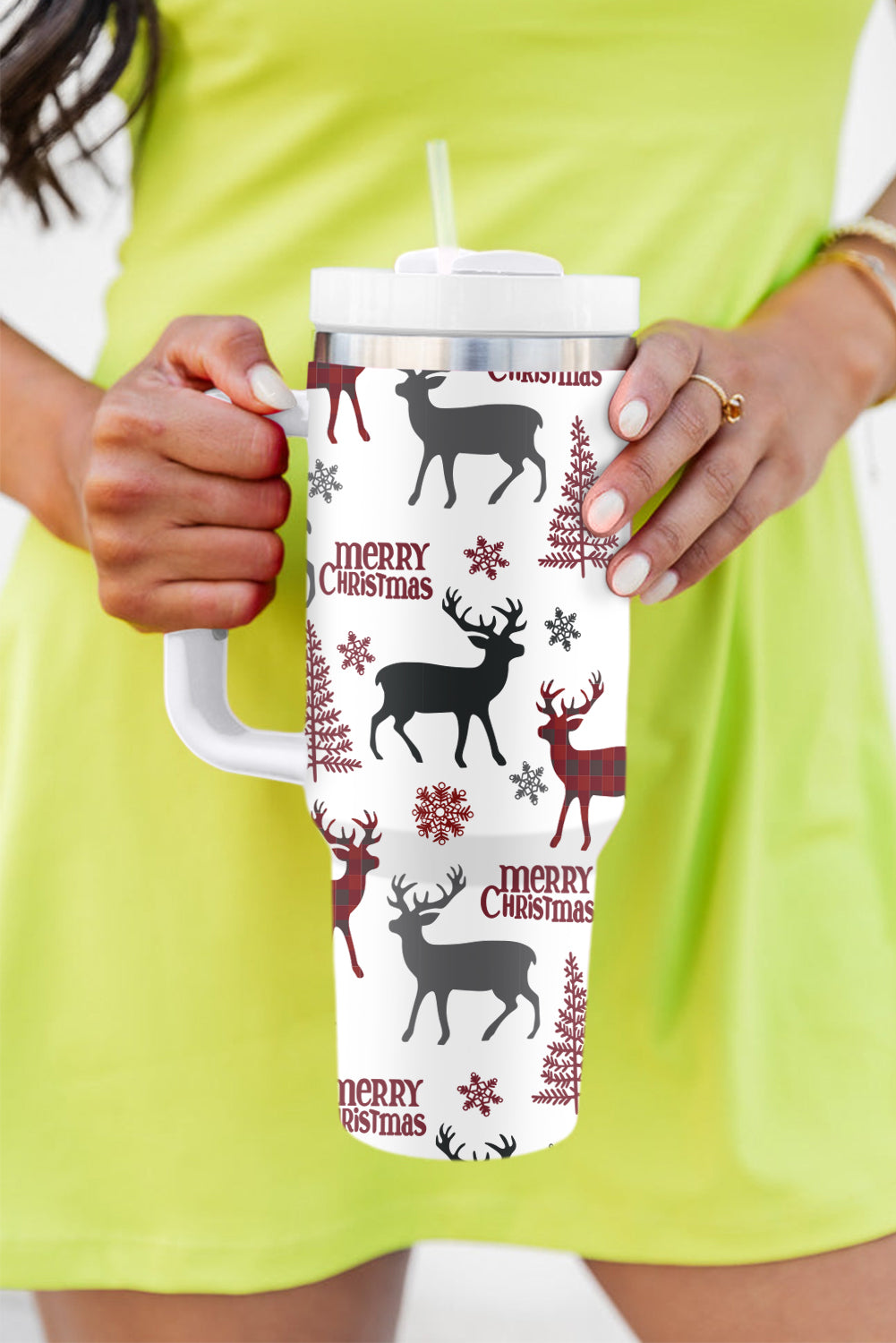 White Merry Christmas Tree Snowflake Elk Print Handle Tumbler Tumblers JT's Designer Fashion