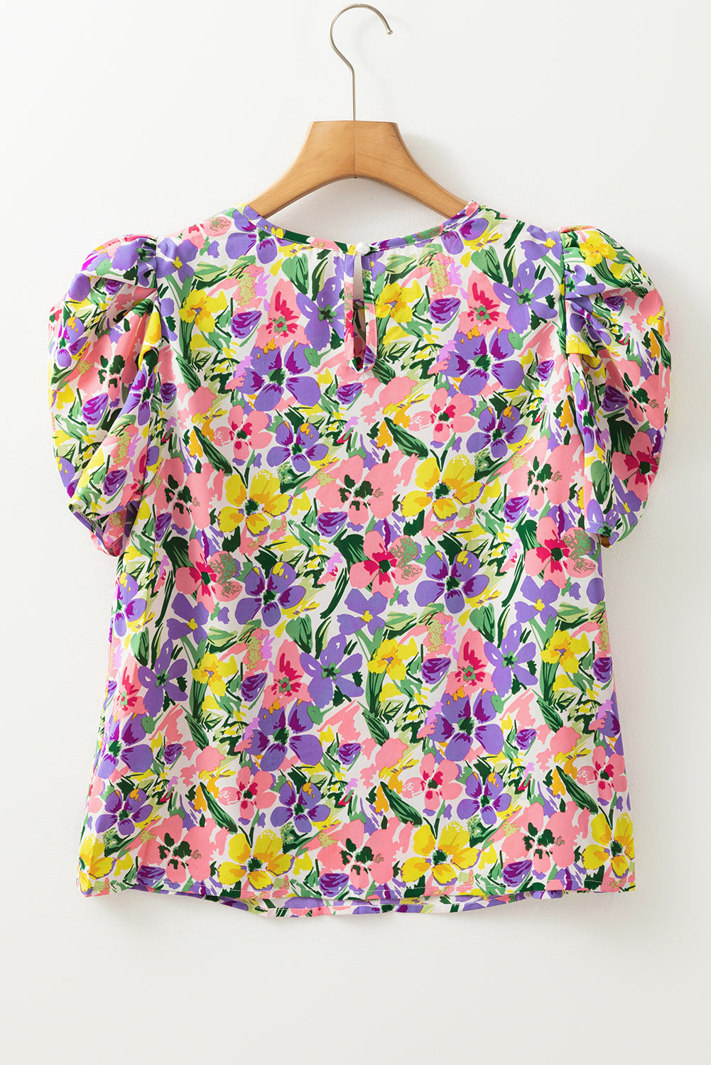 Purple Floral Print Puff Short Sleeve Crew Neck Blouse Blouses & Shirts JT's Designer Fashion