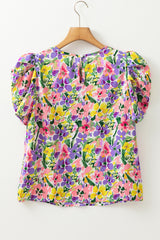 Purple Floral Print Puff Short Sleeve Crew Neck Blouse Blouses & Shirts JT's Designer Fashion