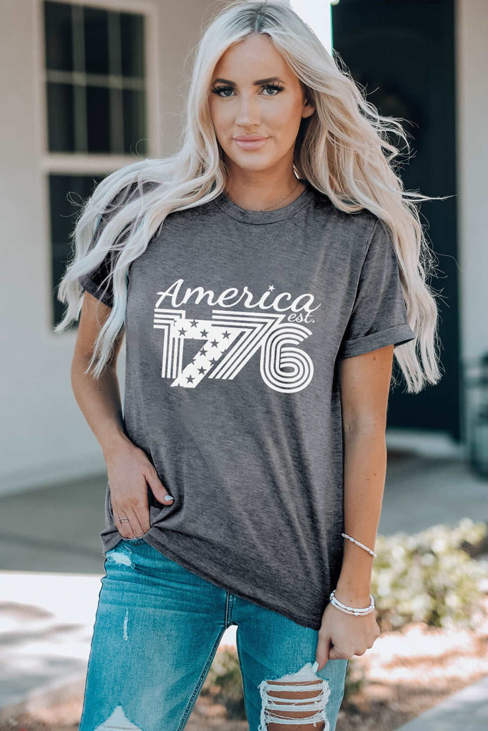 Gray America 1776 Print Graphic T Shirt Graphic Tees JT's Designer Fashion