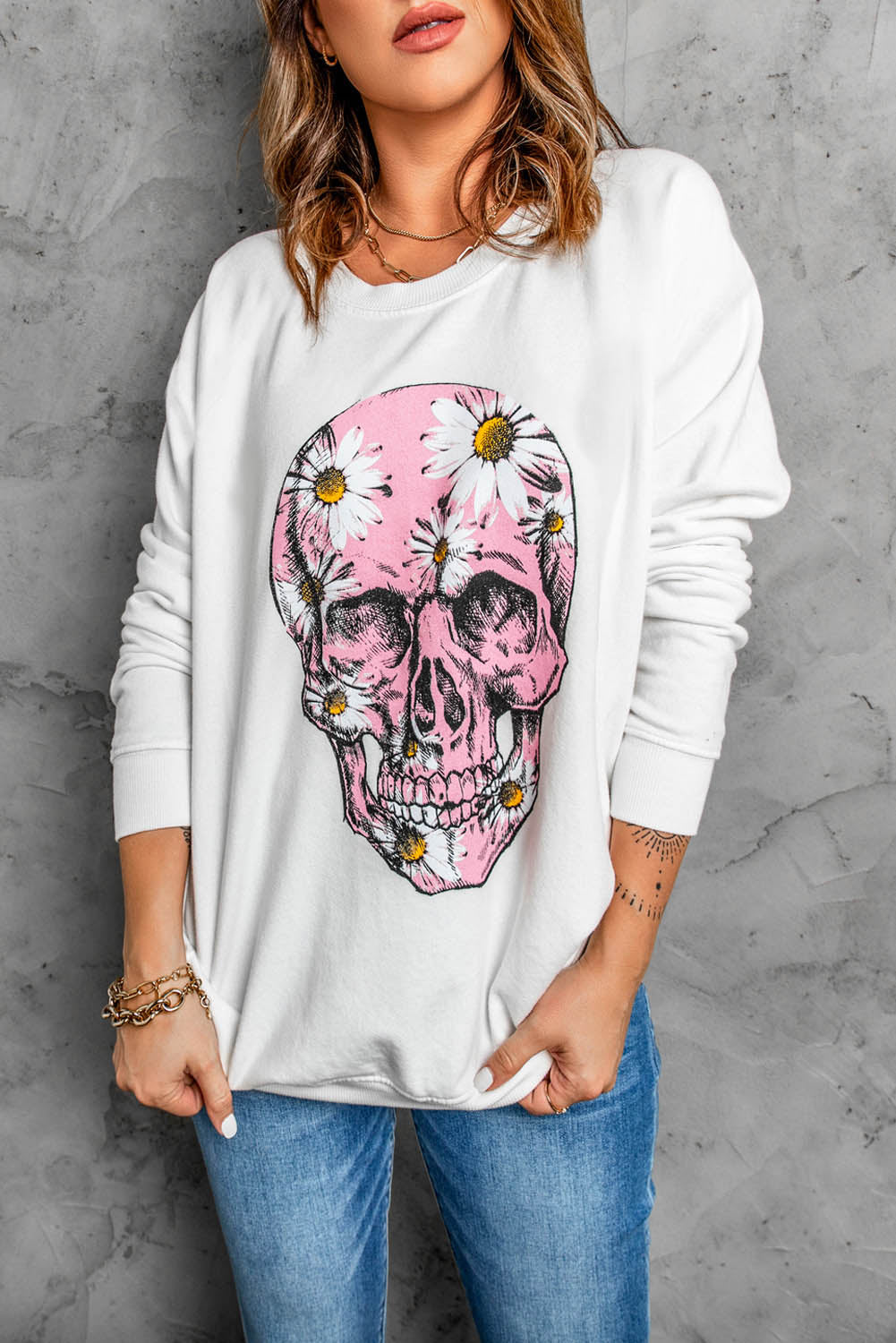 Floral Skull Head Graphic Sweatshirt Graphic Sweatshirts JT's Designer Fashion