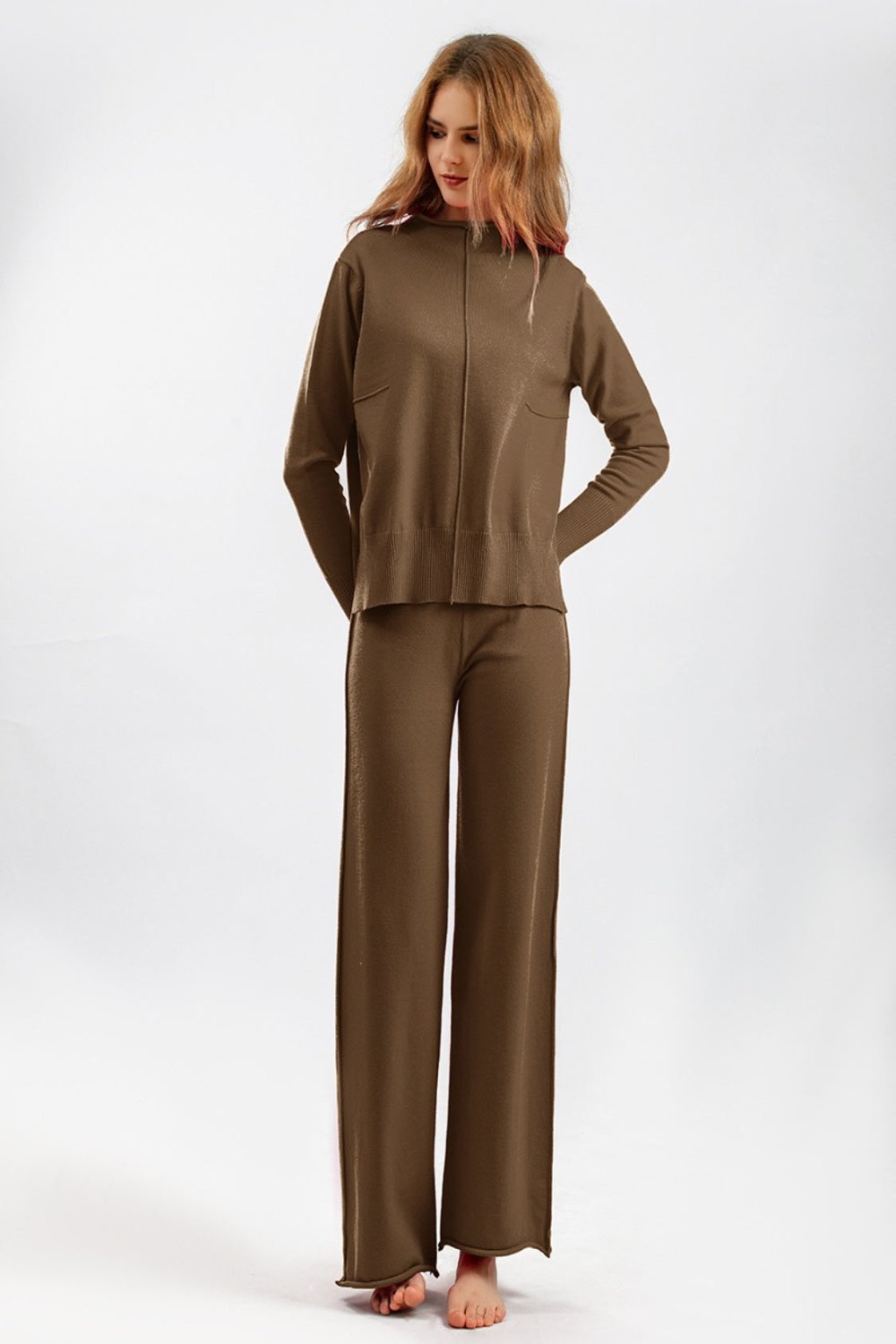 Mock Neck Long Sleeve Top and Pants Sweater Set Coffee Brown One Size Pant Sets JT's Designer Fashion