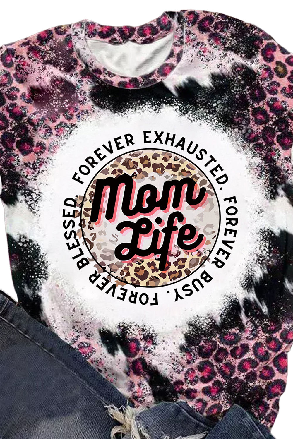 Pink Mom Life Slogan Leopard Bleached Graphic Tee Graphic Tees JT's Designer Fashion