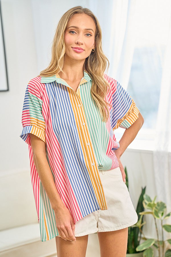 First Love Full Size Striped Button Down Short Sleeve Shirt Blouses & Shirts JT's Designer Fashion