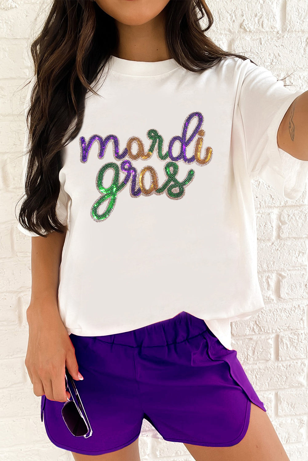 White Sequin mardi gras Graphic Plus Size T Shirt Graphic Tees JT's Designer Fashion