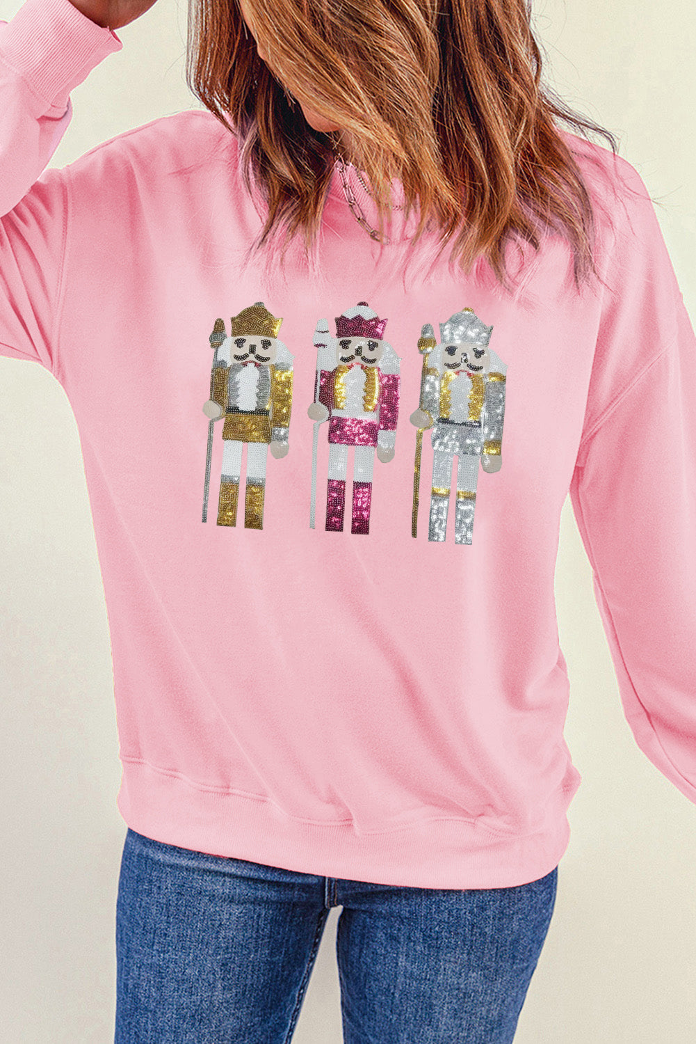 Pink Christmas Nutcracker Patched Drop Shoulder Sweatshirt Graphic Sweatshirts JT's Designer Fashion