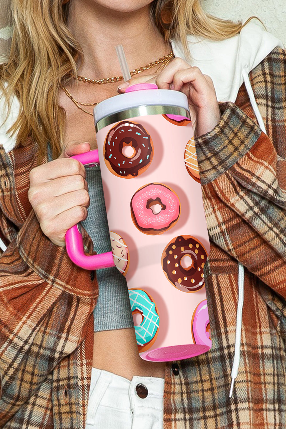 Rose Red Doughnut Pattern Stainless Vacuum Cup with Handle 40oz Tumblers JT's Designer Fashion