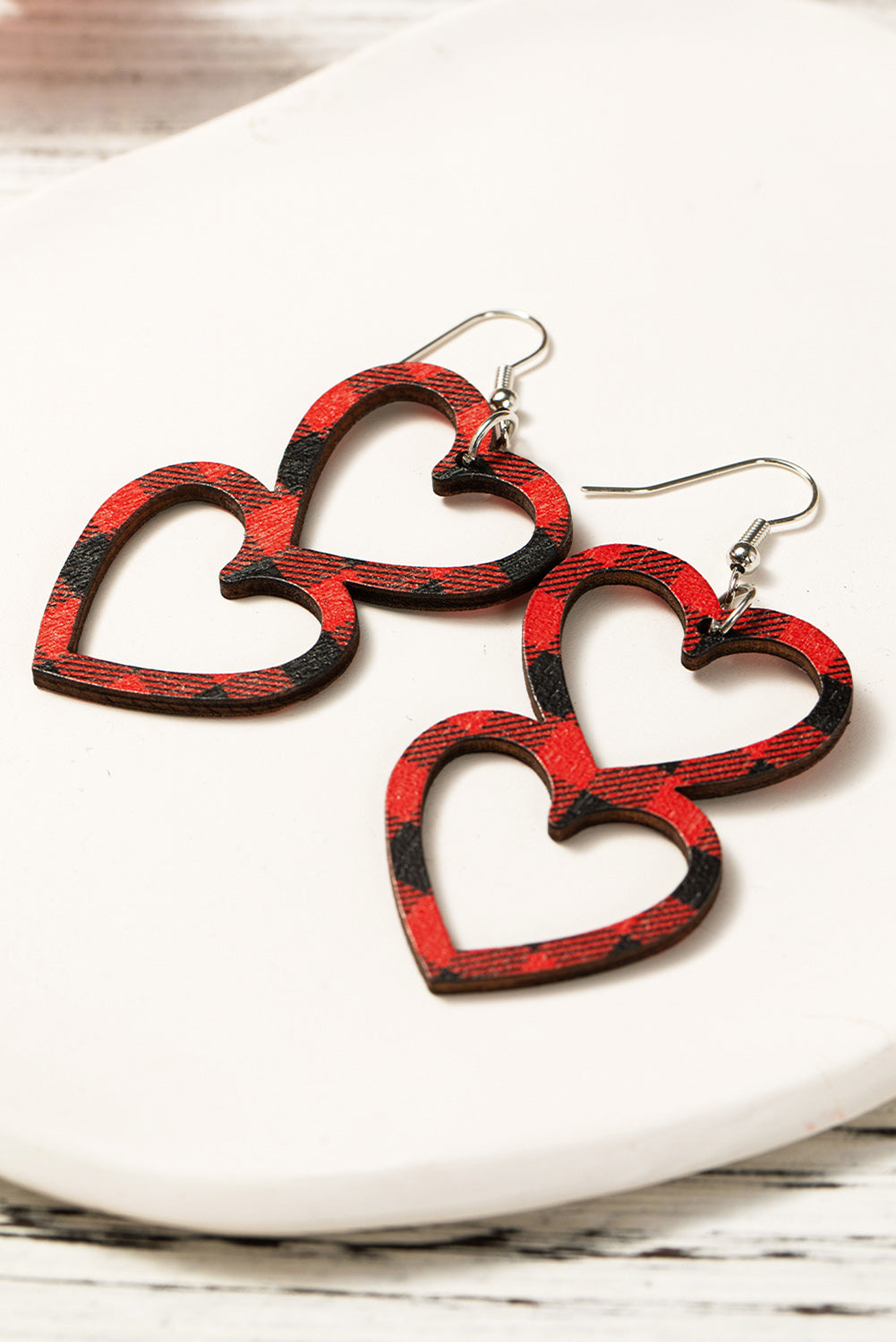 Fiery Red Valentines Day Plaid Double Love Heart Wooden Earrings Jewelry JT's Designer Fashion