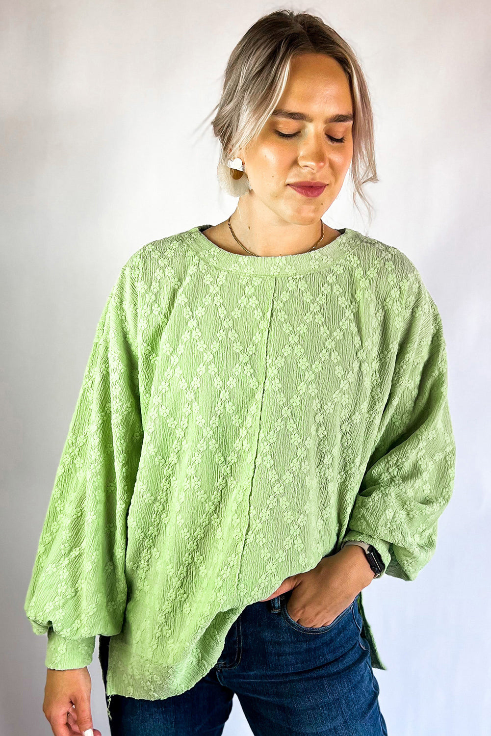 Light Green Solid Color Textured Side Split Crew Neck Blouse Blouses & Shirts JT's Designer Fashion