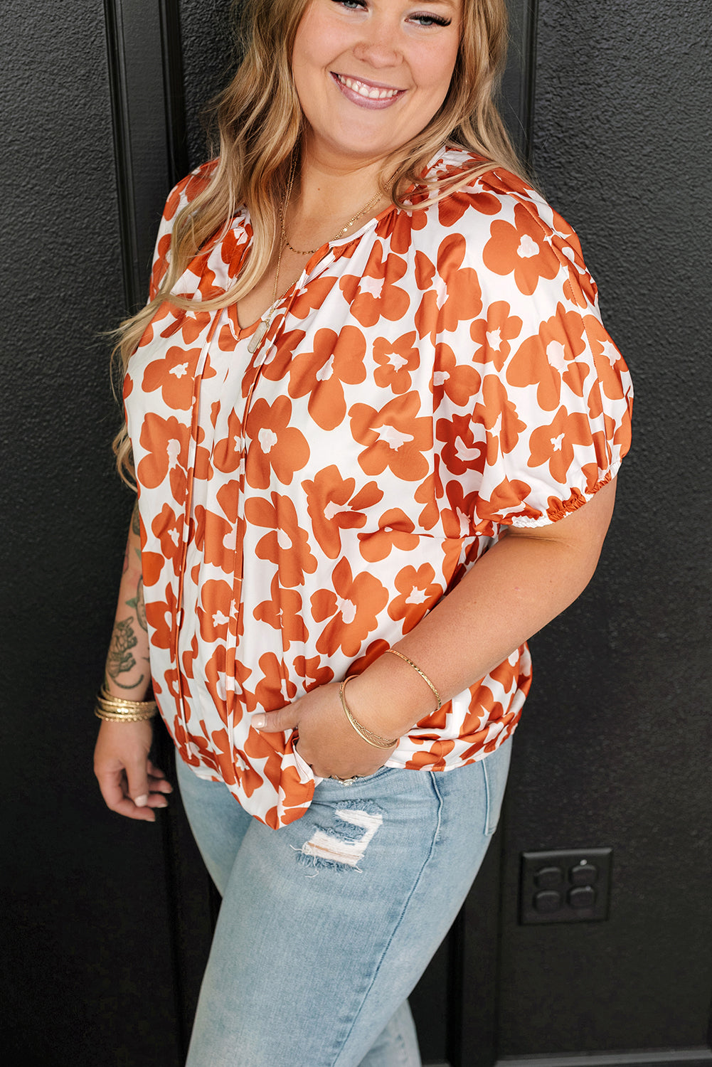 Orange Plus Size Floral Print Drawstring V Neck Short Sleeve Blouse Plus Size JT's Designer Fashion