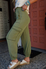 Grass Green Textured Cargo Pocketed Drawstring Ruffled Jogger High Waist Pants Bottoms JT's Designer Fashion