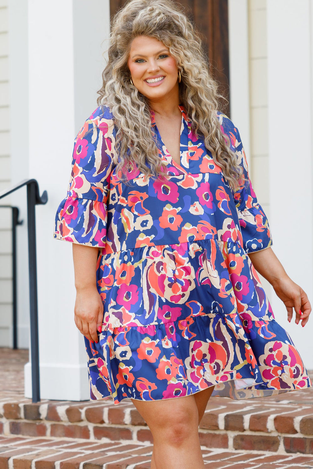 Blue Plus Size Floral Print Ruffled 3/4 Sleeve Mini Dress Plus Size JT's Designer Fashion