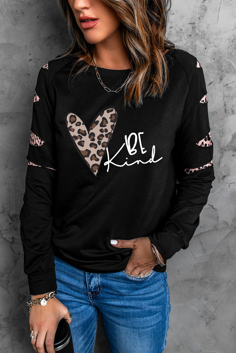 Be Kind Leopard Heart Print Cut Out Long Sleeve Sweatshirt Graphic Sweatshirts JT's Designer Fashion