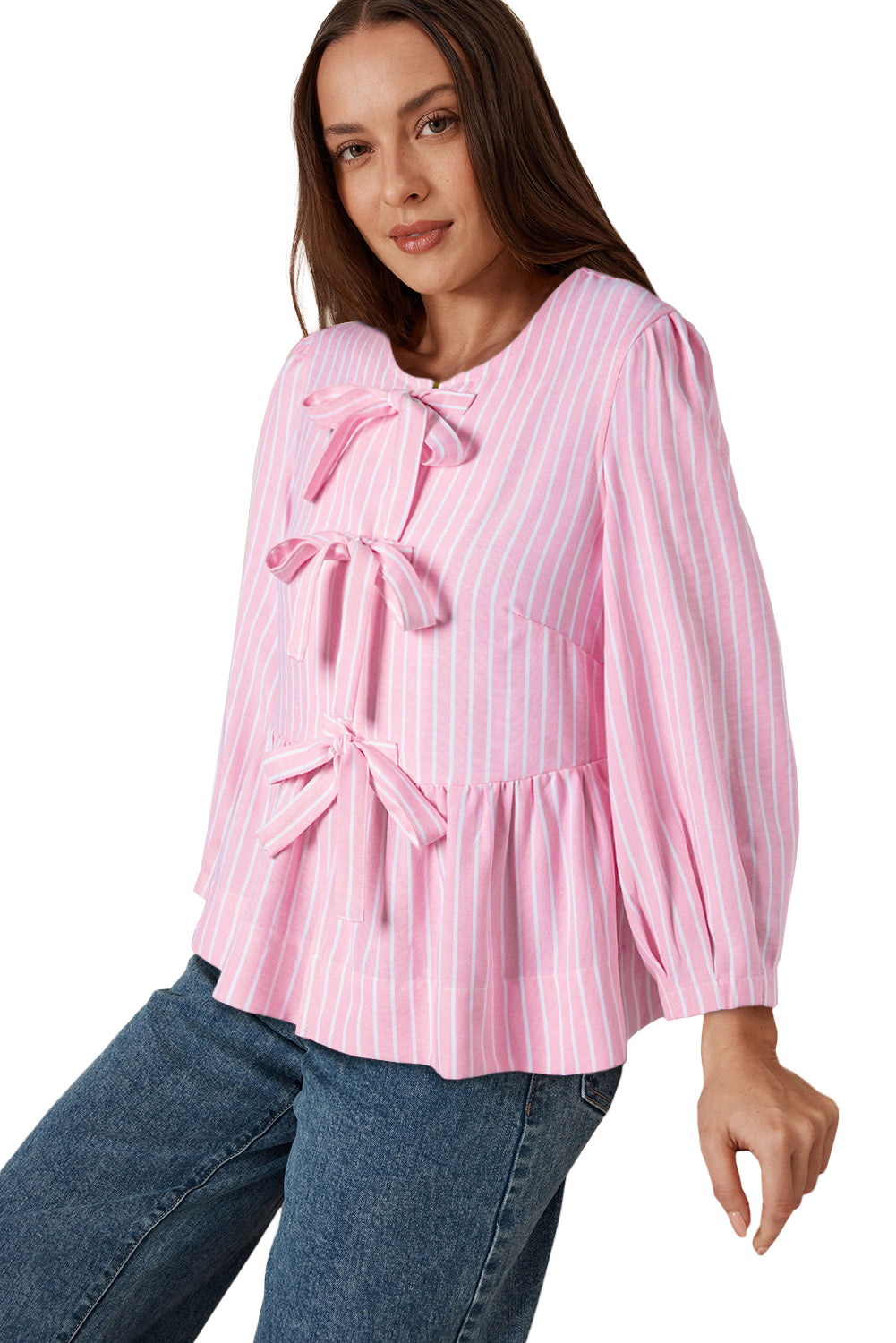 Pink Stripe Bowknot Front Crew Neck Puff Sleeve Blouse Blouses & Shirts JT's Designer Fashion