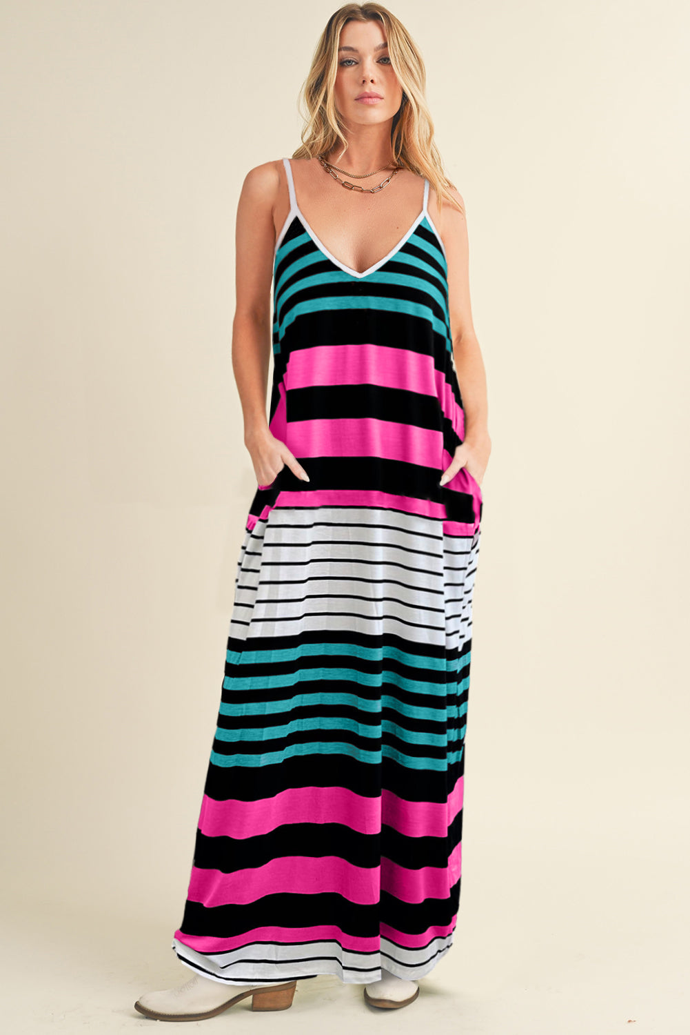 Rose Stripe Mixed Stripes Spaghetti Straps V Neck Maxi Dress Pre Order Dresses JT's Designer Fashion