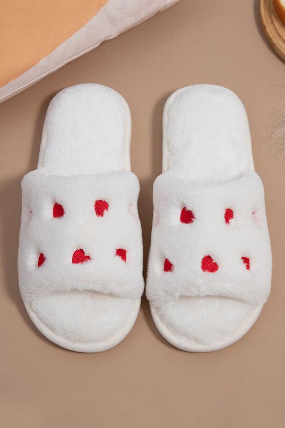 White Valentines Heart Embroidered Fuzzy Winter House Slippers Slippers JT's Designer Fashion