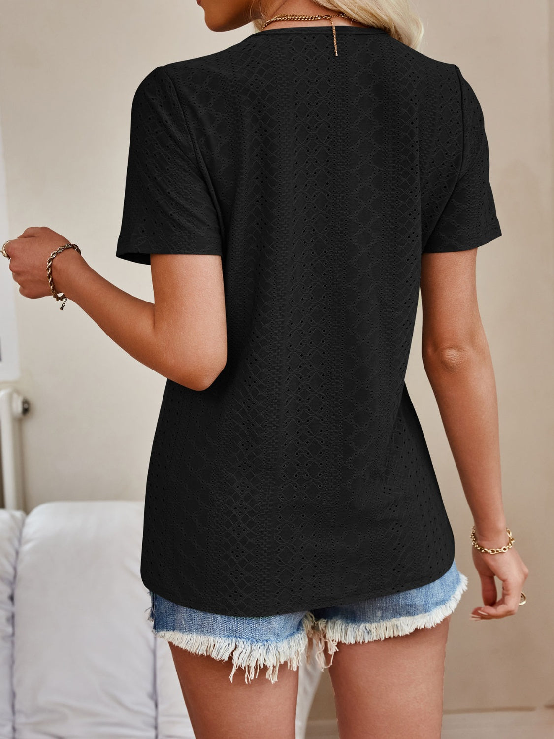 Eyelet V-Neck Short Sleeve Top Tops JT's Designer Fashion