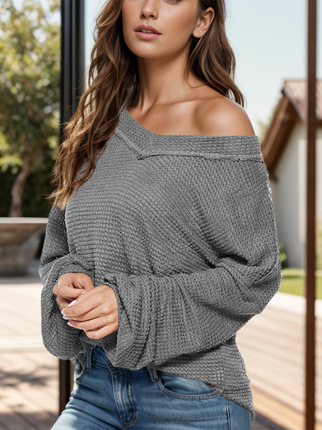 Dropped Shoulder Long Sleeve Knit Top Long Sleeve Tops JT's Designer Fashion