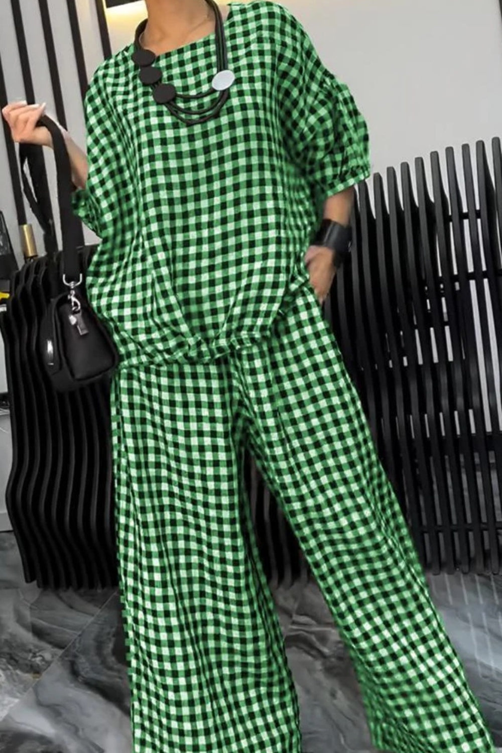 Full Size Plaid Round Neck Half Sleeve Top and Pants Set Green Pant Sets JT's Designer Fashion