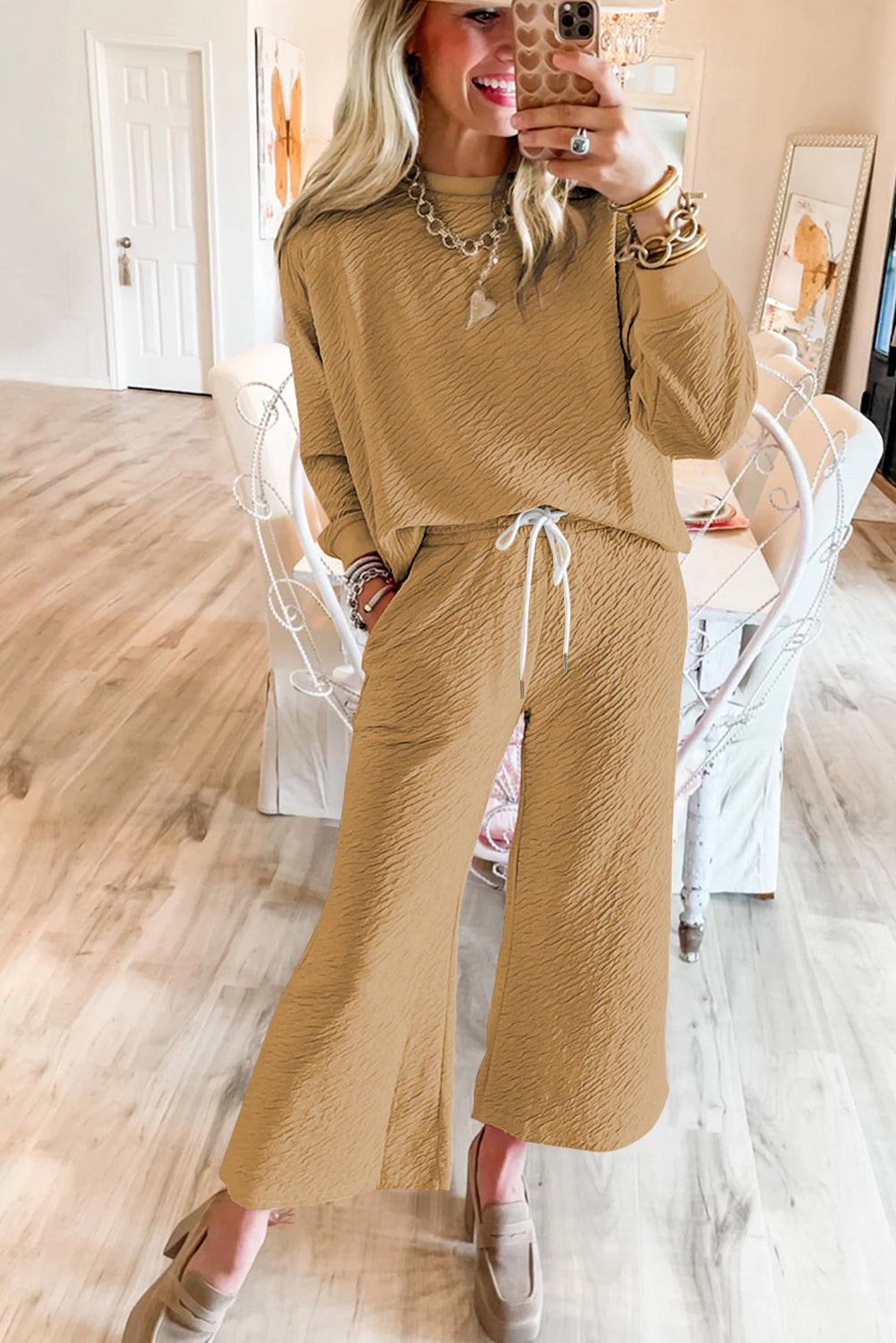 Light French Beige Textured Long Sleeve Top Drawstring Pants Set Pant Sets JT's Designer Fashion